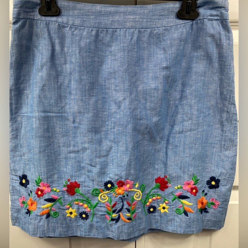 Talbots Embroidered Needlework Floral Linen Blend Skirt Blue Lined Sz 8